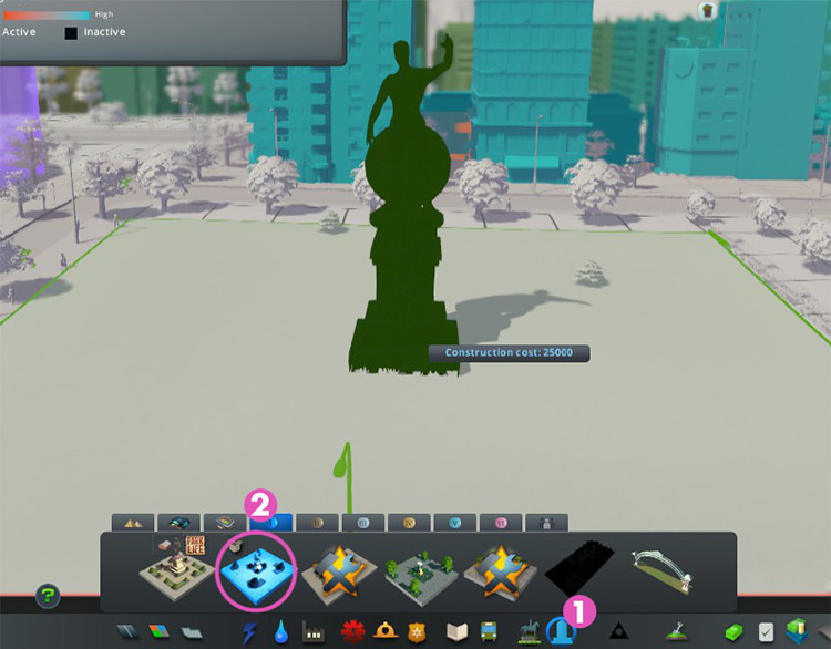 You’ll find the Statue of Wealth by going to the Unique Buildings menu (1) and clicking the level 1 tab (2) / Cities: Skylines