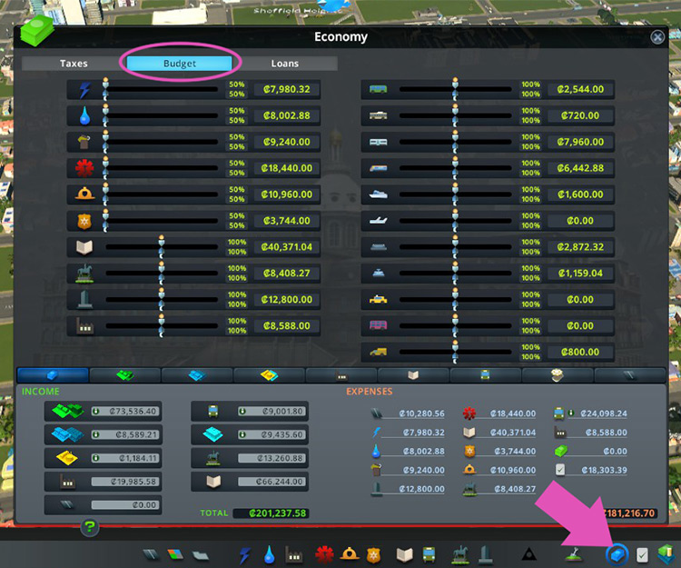 Open the Economy panel, and click on the Budget tab, to find the sliders for each service. / Cities: Skylines