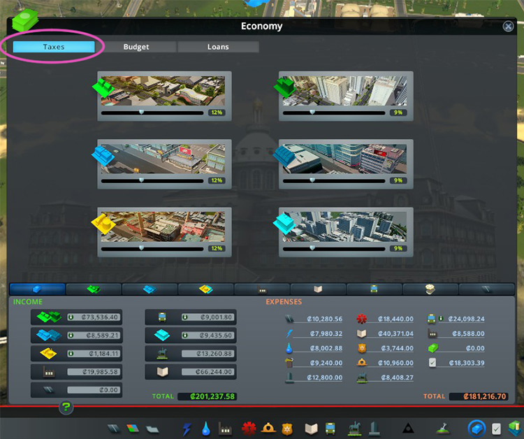 You can raise the tax rate by going to the Economy panel and adjusting the sliders in the Taxes tab. / Cities: Skylines