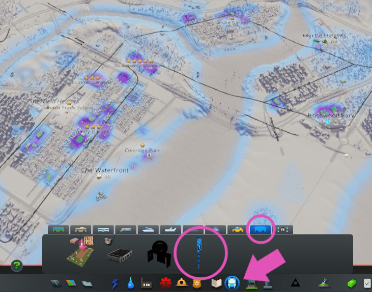 The Walking Tours Point of Interest in the Transport menu / Cities: Skylines