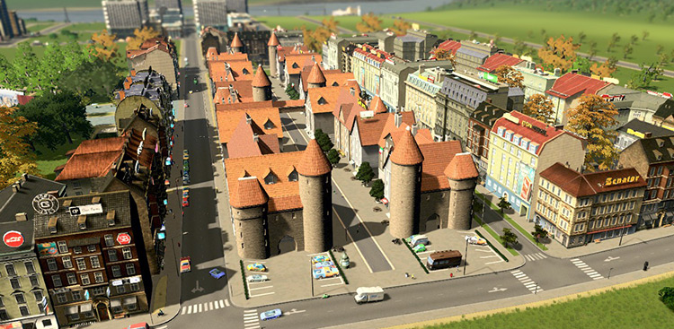 The Old Market Street (center) flanked by European-style high-density commercial (left) and office (right) buildings. / Cities: Skylines