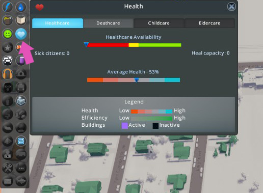 You can check their current health by clicking the heart icon on the info views panel. / Cities: Skylines