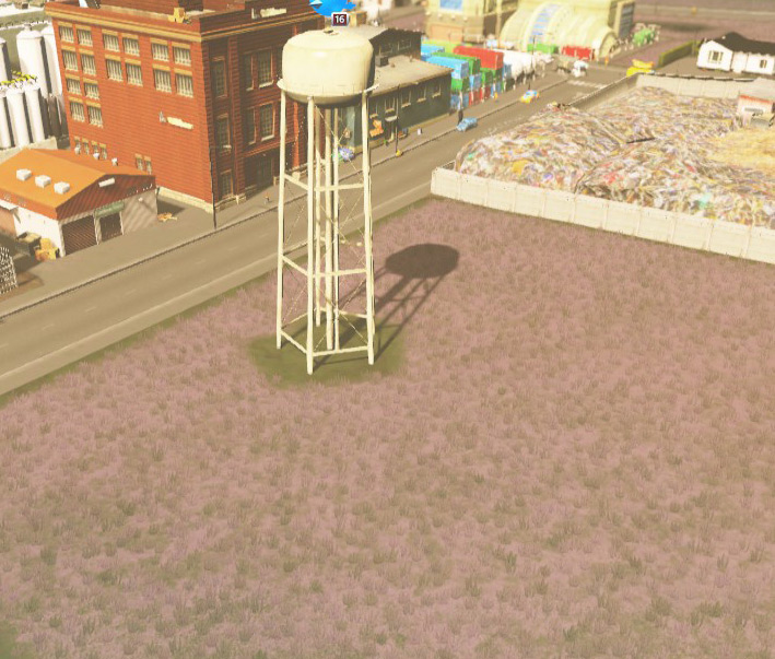 Placing a water tower anywhere the ground is this ashy brown color will also contaminate the water. / Cities: Skylines