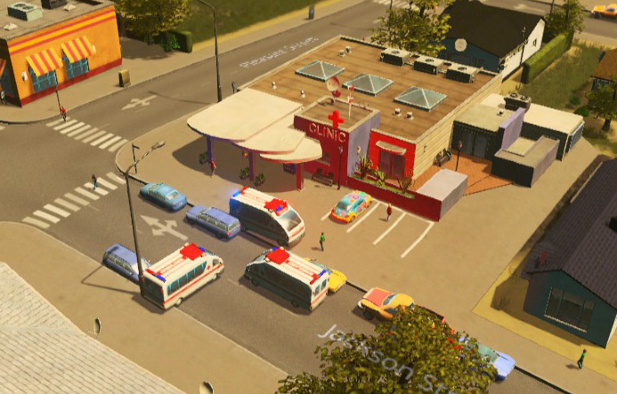 Expect a flurry of ambulances bringing patients to the clinic as they try to cope with the high number of ill people. / Cities: Skylines