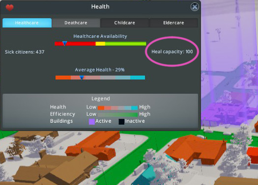 Health view will tell you the total number of sick patients and the healing capacity of all your medical facilities combined. / Cities: Skylines