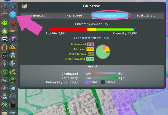 The University tab of the Education info view shows you the university capacity across your city. / Cities: Skylines