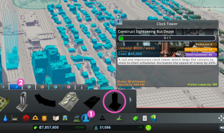 Open the Unique Buildings menu (1), and click on the level 2 tab (2) / Cities: Skylines
