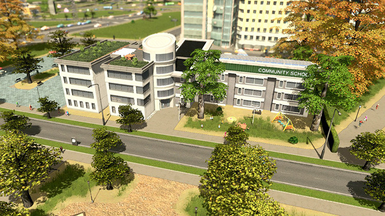 The Green Cities counterparts to the Elementary School, High School, and University—the Community School (pictured), Institute of Creative Arts, and Modern Technology Institute—can all be used to progress. / Cities: Skylines