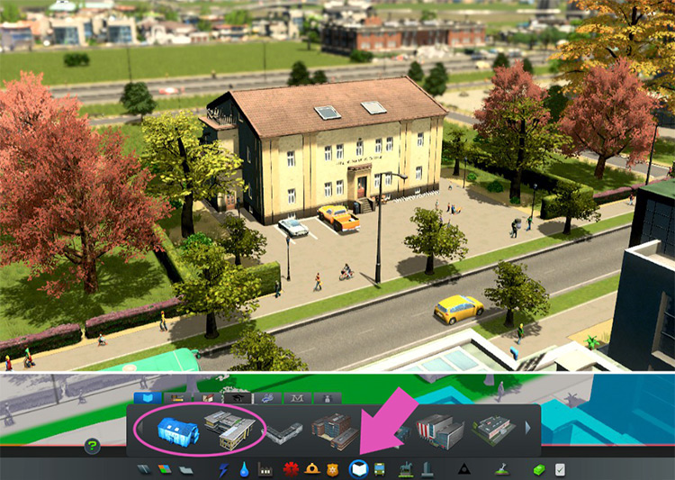 The European and vanilla versions of the elementary school in the Education menu. / Cities: Skylines