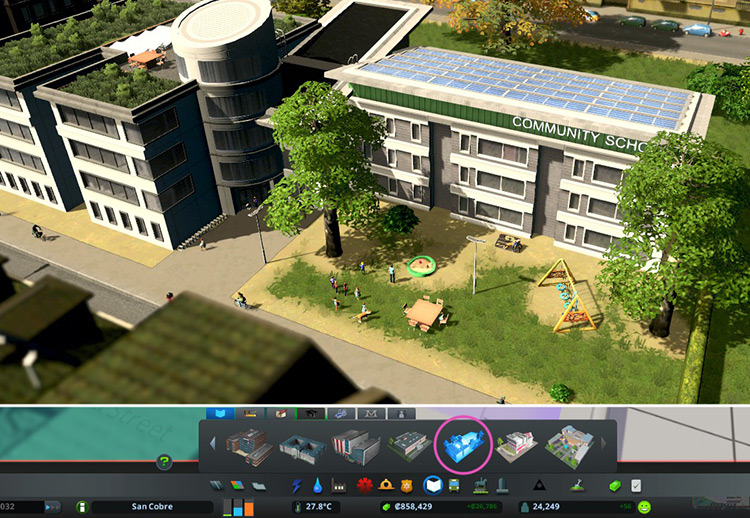 The Community School from Green Cities. / Cities: Skylines