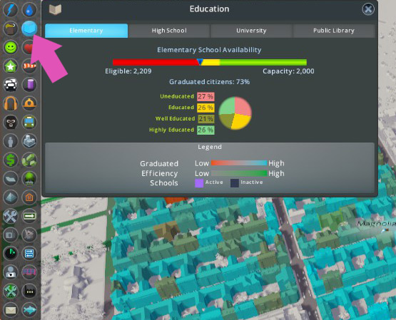 You can check your elementary school capacity in the Education info view. / Cities: Skylines
