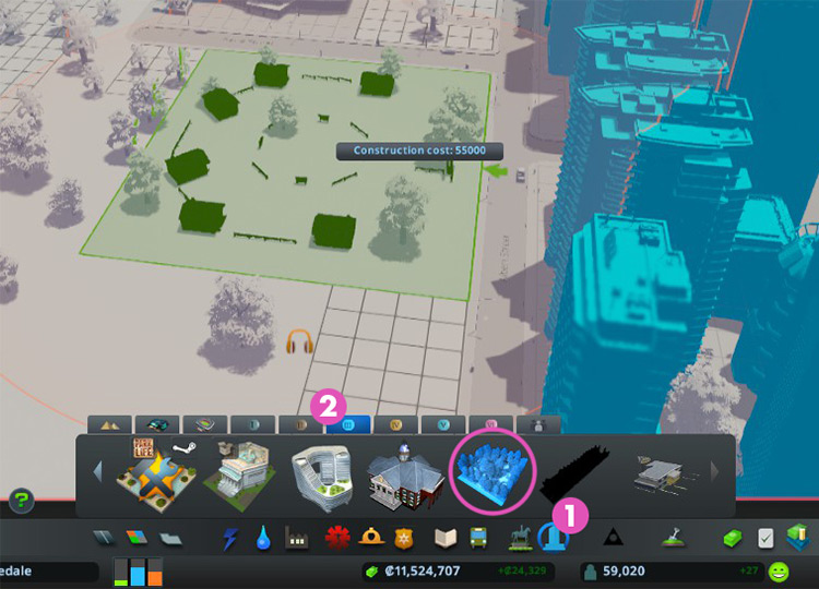 To find the Lungs of the City, go to the Unique Buildings menu (1), and click on the Level 3 tab (2). / Cities: Skylines
