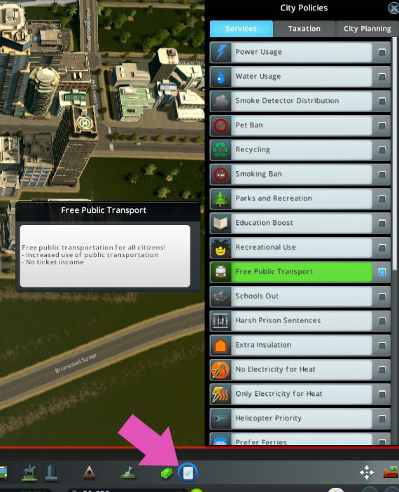 The Free Public Transport policy / Cities: Skylines