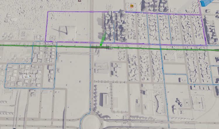In this example, trams (purple) and buses (blue) go around local streets / Cities: Skylines