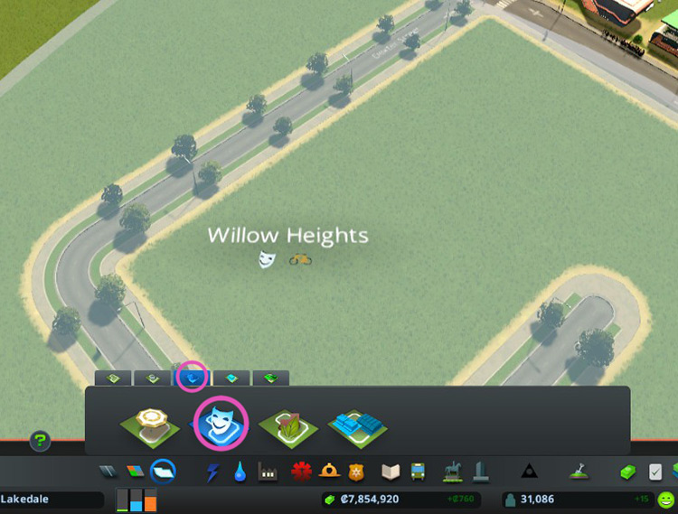 The comedy mask icon indicates that any commercial zoning in this district will have leisure buildings. / Cities: Skylines