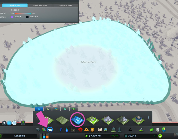 The Paint Park Area tool from the Districts and Areas menu. / Cities: Skylines
