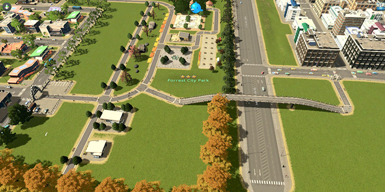 This park’s footbridge is a convenient path from a residential district to offices, making it a popular pedestrian route. / Cities: Skylines