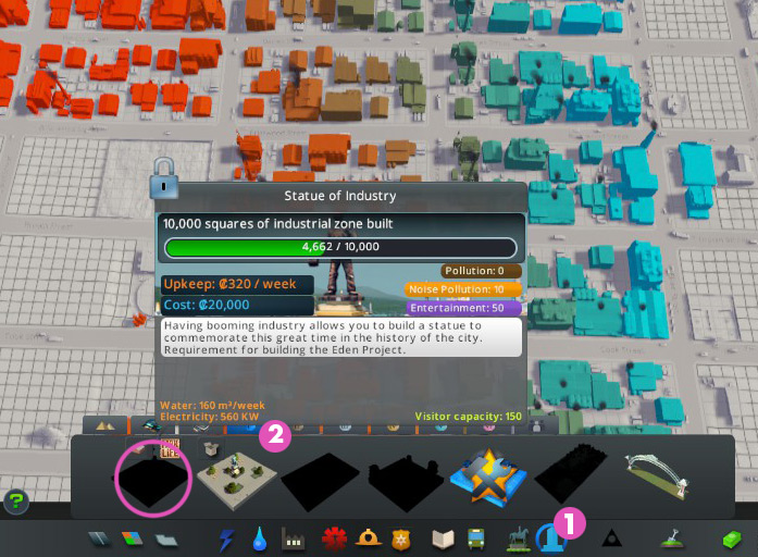 You can check your progress by hovering over the Statue of Industry’s silhouette in the level 1 unique buildings menu. / Cities: Skylines