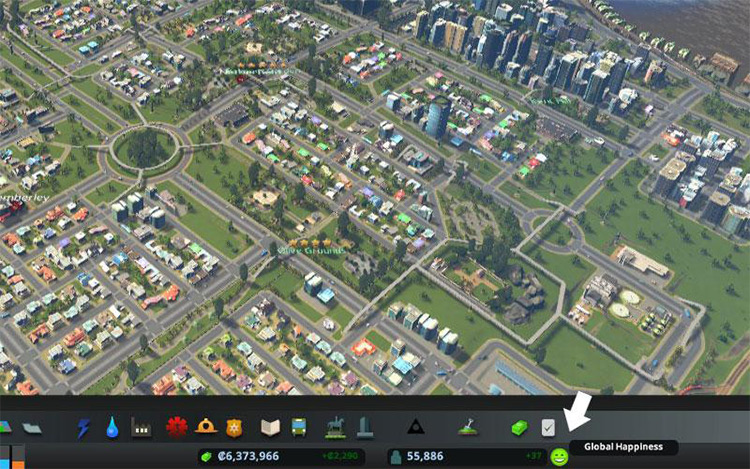 This smiley (sometimes frowny) face is a quick indicator of how things are in your city. / Cities: Skylines