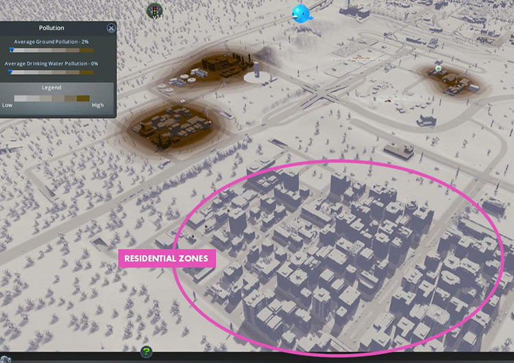 Polluting generic industry zones and garbage facilities are kept away from where people live. / Cities: Skylines