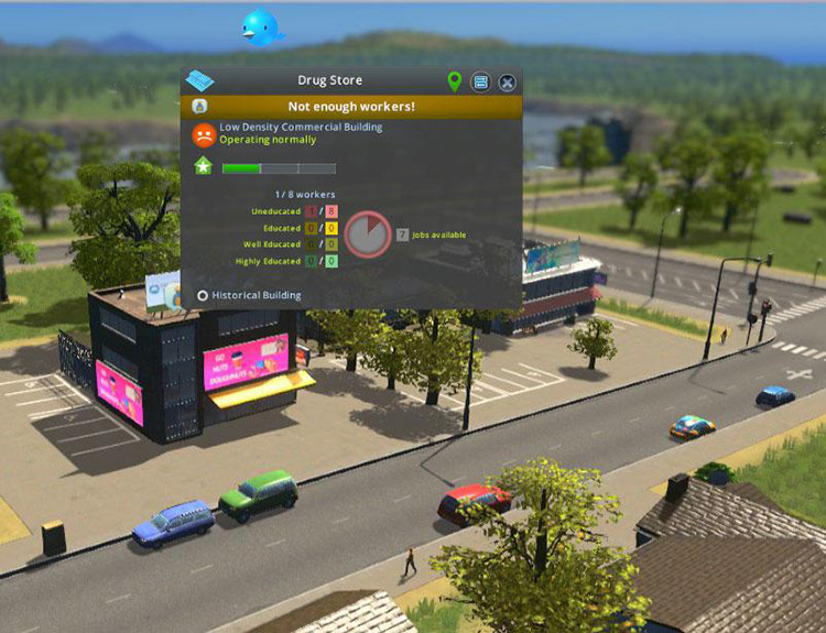 A commercial building is unhappy because it doesn’t have enough workers. / Cities: Skylines