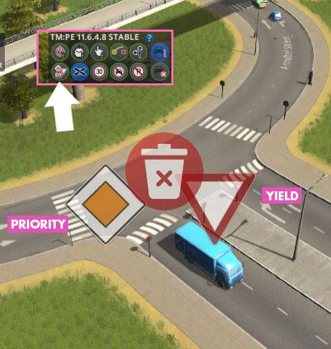 Using priority signs this way prevents vehicles getting blocked from leaving the roundabout. / Cities: Skylines