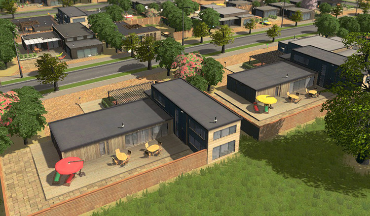 The self-sufficient homes feature minimalist designs with cool trellises, glass panels, and solar panel roofs. / Cities: Skylines