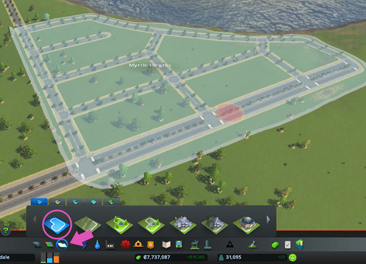 Go to the Districts and Areas menu and select Paint District to paint where you’d like to build your neighborhood. / Cities: Skylines