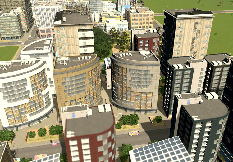 A small cluster of high-density residential buildings with the self-sufficient specialization / Cities: Skylines