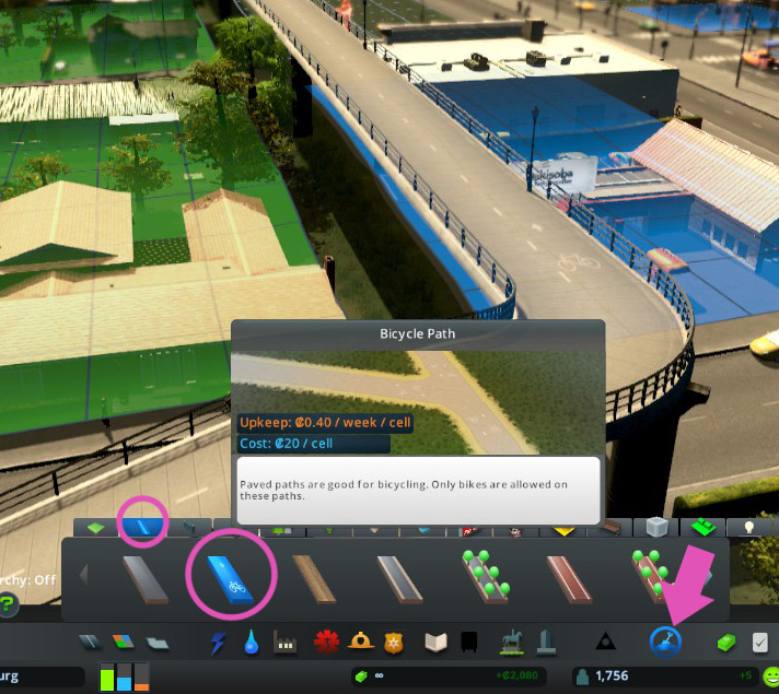 The bicycle path from the Paths tab of the Landscaping menu. / Cities: Skylines