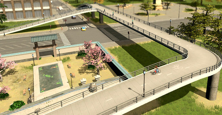 Cyclists are happy to use this elevated bike path that crosses a large road. / Cities: Skylines