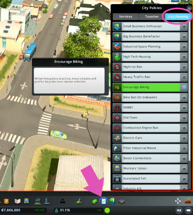 You’ll find the Encourage Biking policy under the City Planning tab of the Policies panel. / Cities: Skylines