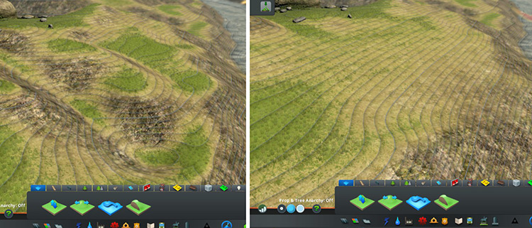 Before and after smoothing with the Soften Terrain tool. / Cities: Skylines