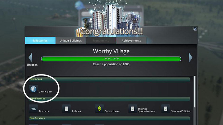 The ‘Milestones’ panel lets you know when you can purchase more land / Cities: Skylines