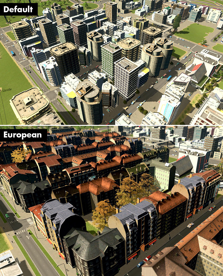 The same district before and after changing the style from default to European. / Cities: Skylines