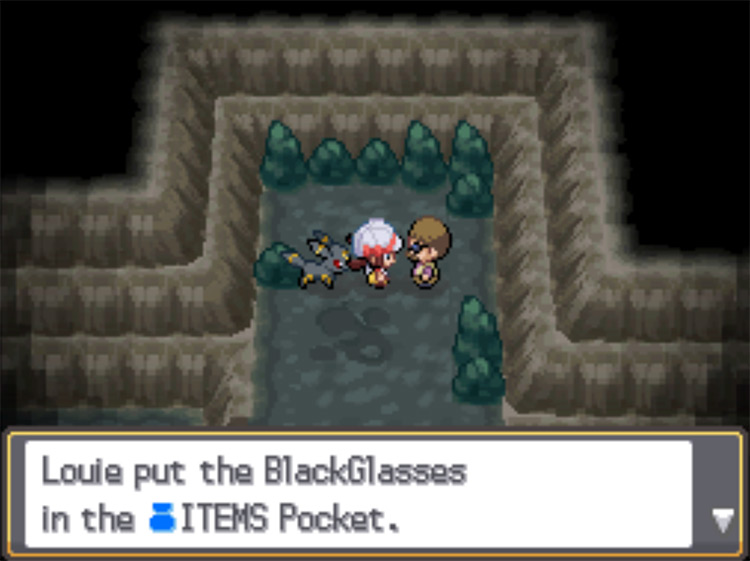 The location of the BlackGlasses inside Dark Cave / Pokemon HGSS
