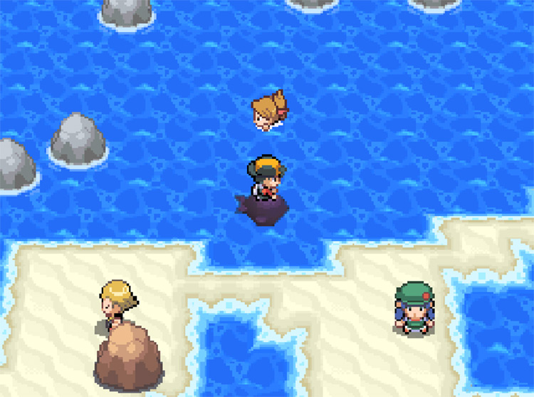 Surfing along the long sandy island filled with trainers / Pokemon HeartGold & SoulSilver