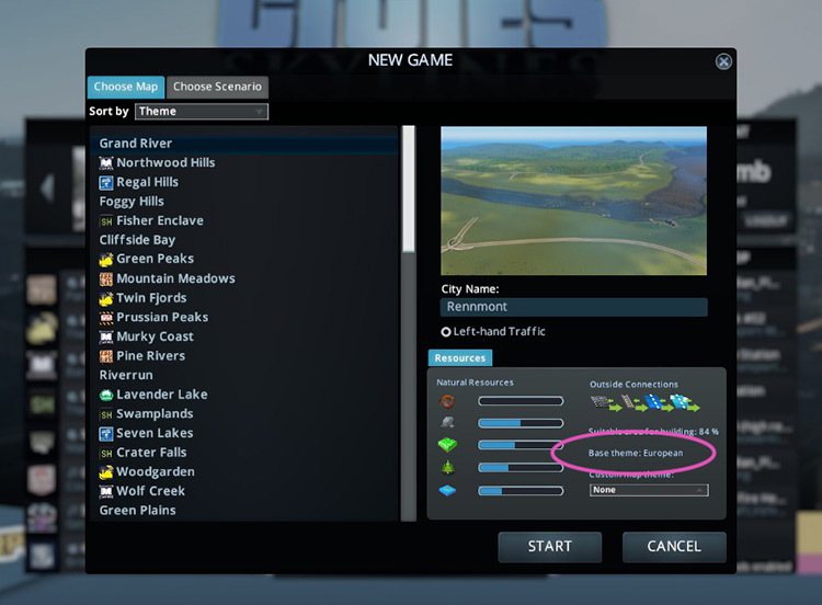 The new game screen will show you the theme of each map. / Cities: Skylines