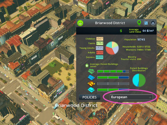 This dropdown box lets you select the theme for the particular district. / Cities: Skylines