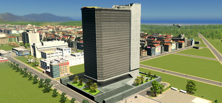 The large Servicing Services Office towering over the city (Cities: Skylines)