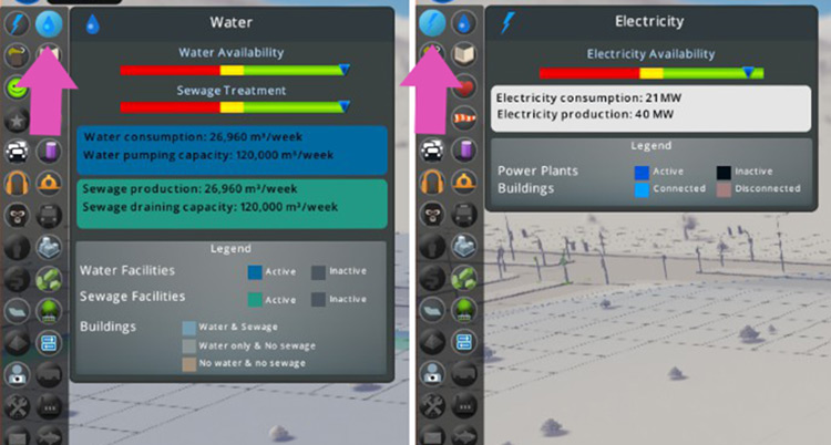 You can keep an eye on your power, and water and sewage availability by opening their info panel. / Cities: Skylines