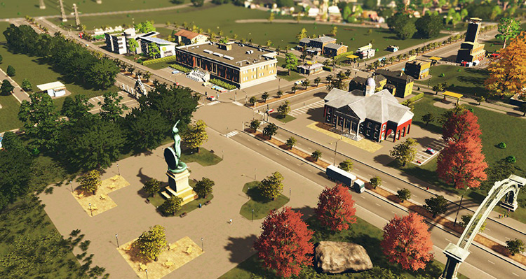 This town center has a plaza, park, tax office, public library, and schools all within a short walk from each other / Cities: Skylines