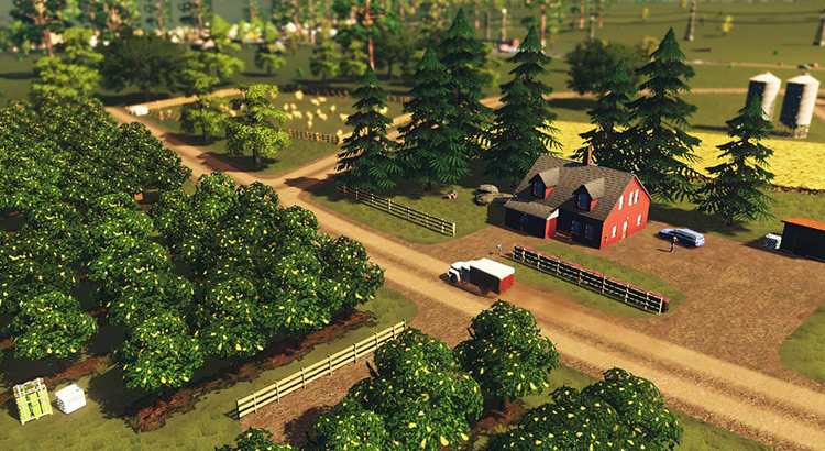 The farming industry's main building, fruit trees, and animal pasture create a rural feel / Cities: Skylines