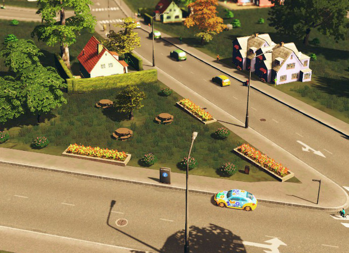 A street corner decorated with Parklife benches and flower beds, and some bushes from the Steam Workshop / Cities: Skylines