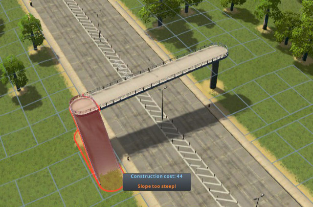 Trying to build the ramp base too close to the top will result in a “Slope too steep” error / Cities: Skylines