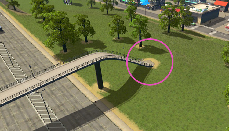 Pedestrians won’t be able to use this overpass because the base of the ramp doesn’t connect to a walkable path / Cities: Skylines