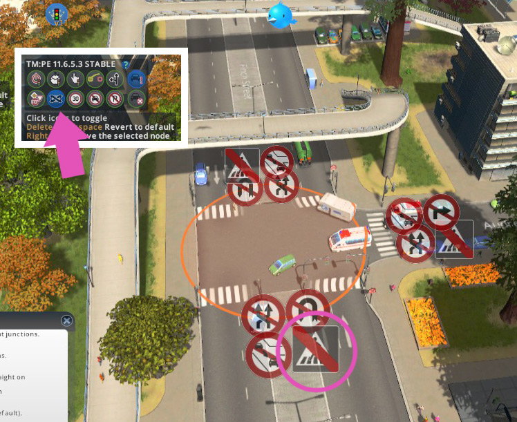 Disabling pedestrian crossing forces people to use the overpass so they don’t slow down traffic at this intersection / Cities: Skylines