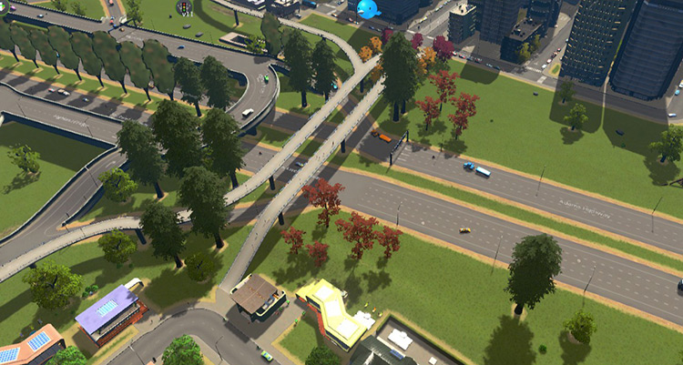 A lot of citizens opt for this footbridge as it spares them a long trip by car / Cities: Skylines