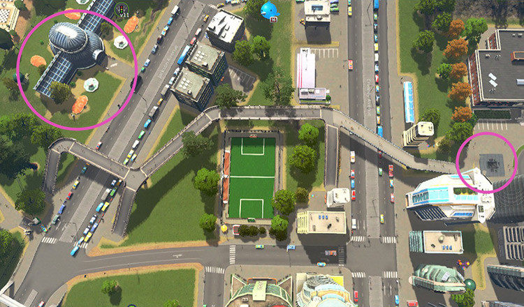 This walkway network crosses two four-lane roads and allows easy access to busy spots like the botanical garden and the subway station / Cities: Skylines