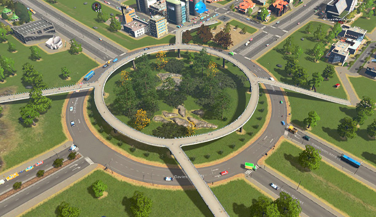 This circular elevated walkway keeps the roundabout from being slowed by pedestrians crossing / Cities: Skylines